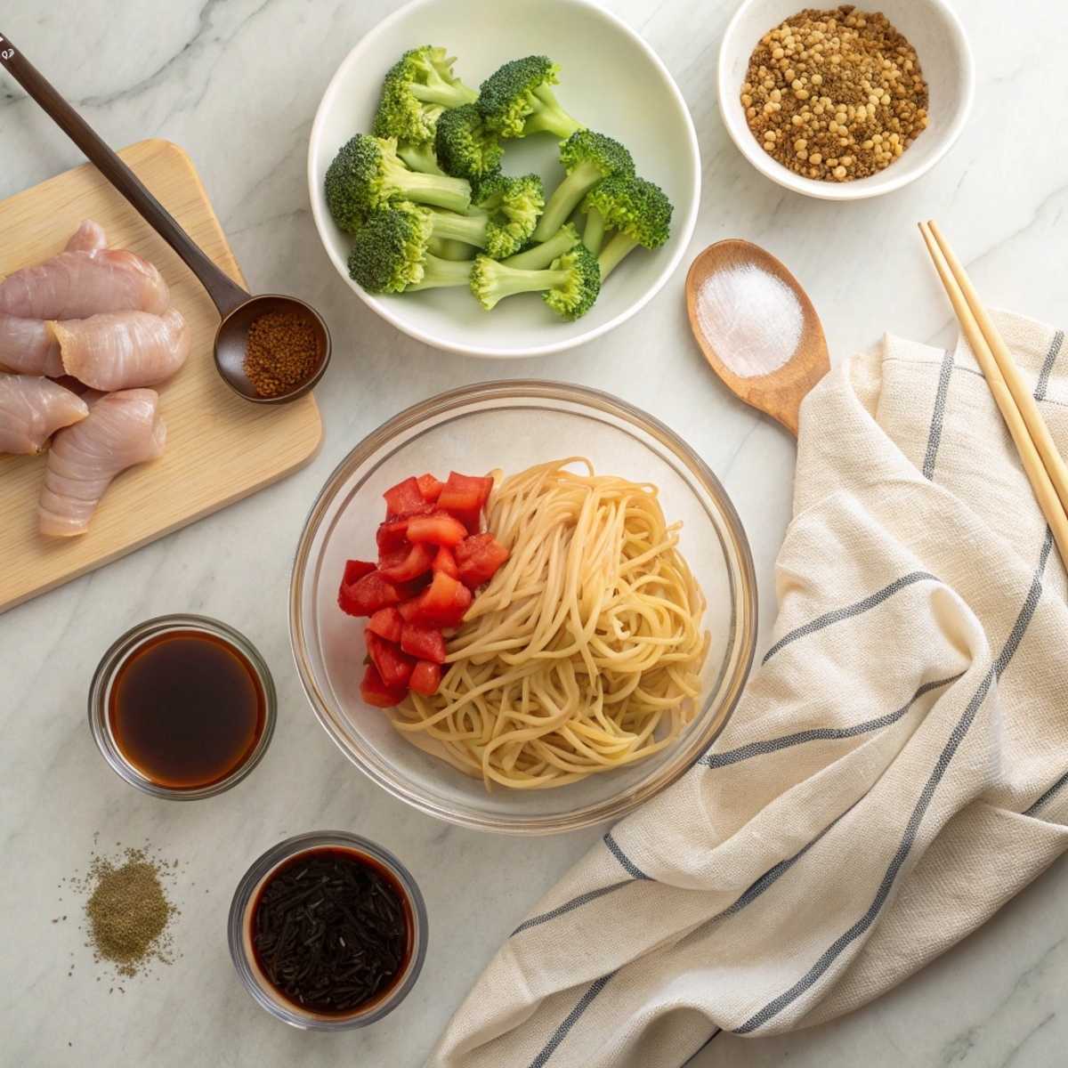 Fresh ingredients for Teriyaki Chicken Noodles including boneless chicken, soy sauce, broccoli florets, and ramen noodles arranged on a modern marble surface.