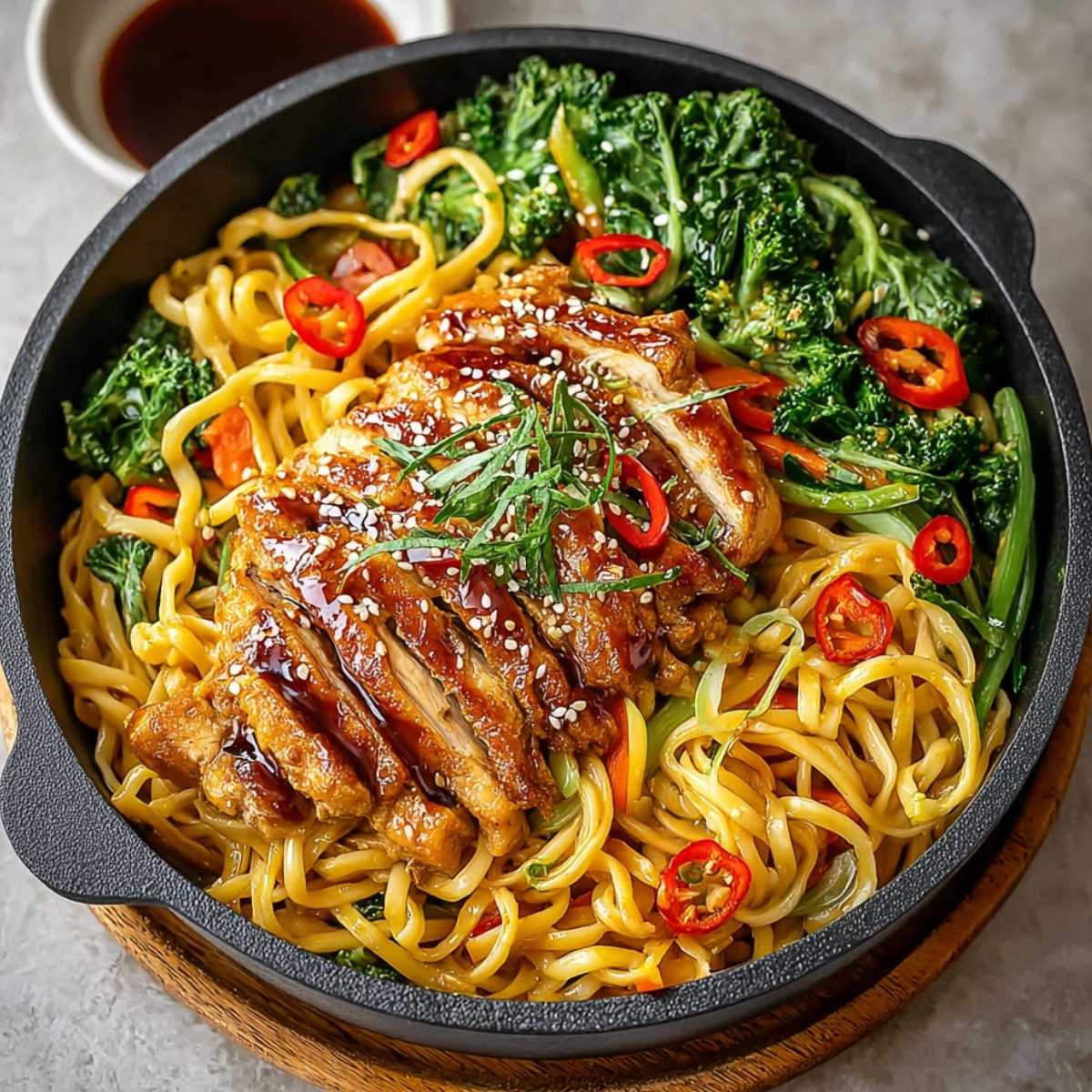 Teriyaki Chicken Noodles in a black skillet, showcasing glossy noodles, sliced chicken, vibrant green vegetables, and red chili slices, garnished with sesame seeds and green onions.