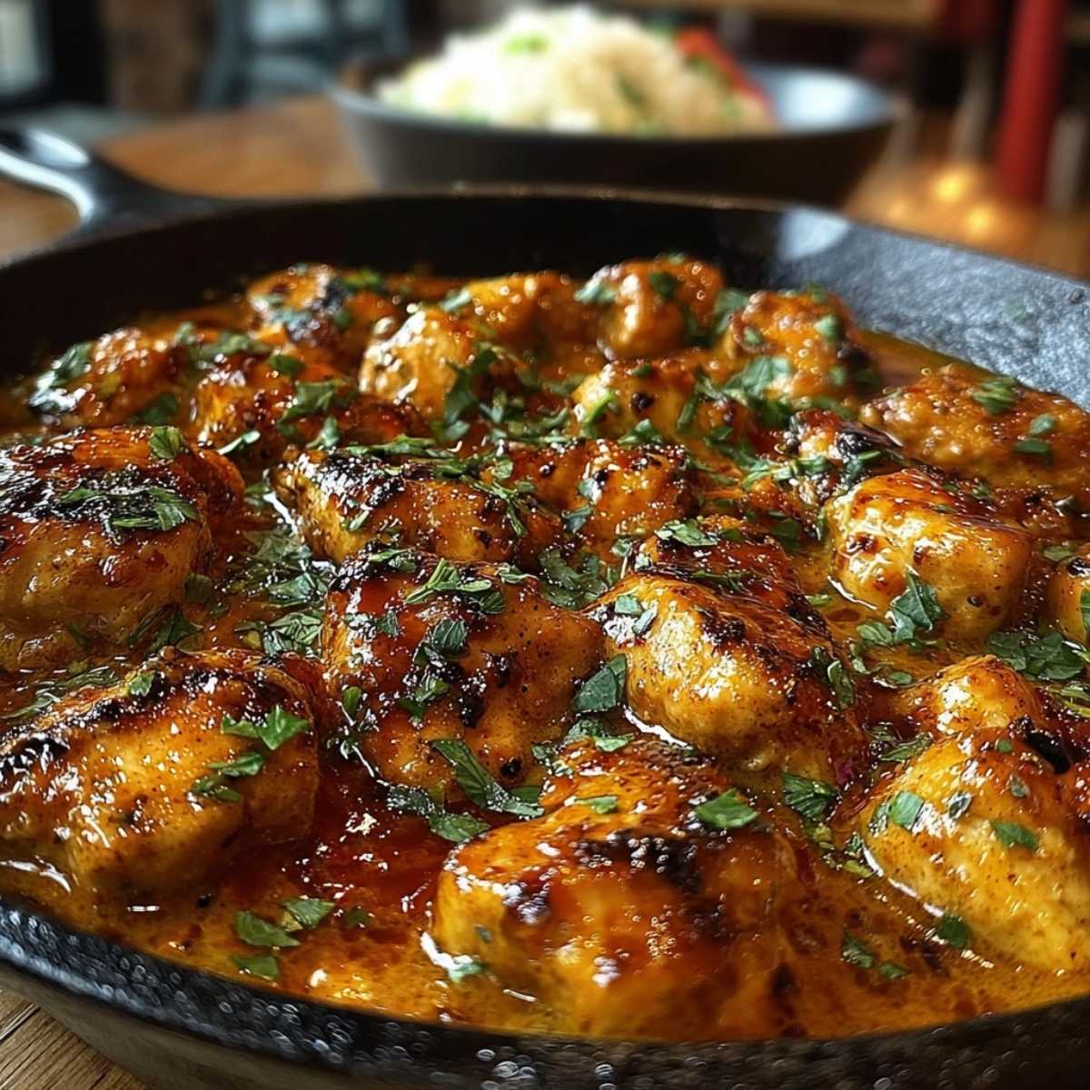 Close-up of Texas Roadhouse Butter Chicken Skillet with a rich, glossy butter sauce and seared chicken, garnished with fresh parsley