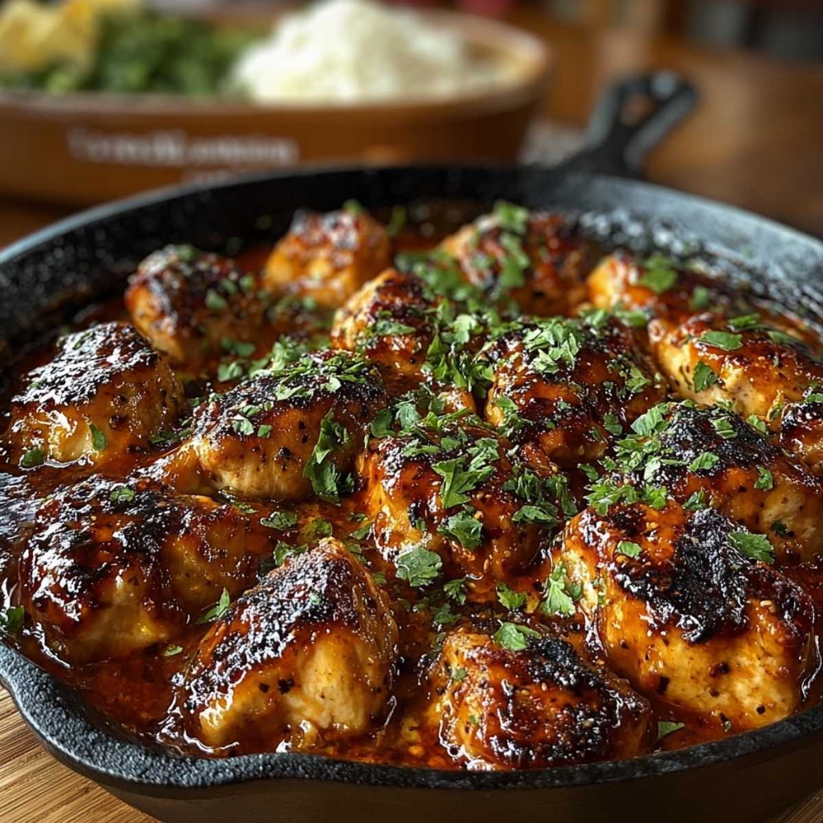 Texas Roadhouse Butter Chicken Skillet in a cast iron pan, showcasing its rich, glossy sauce and golden-brown chicken pieces, garnished with fresh parsley.