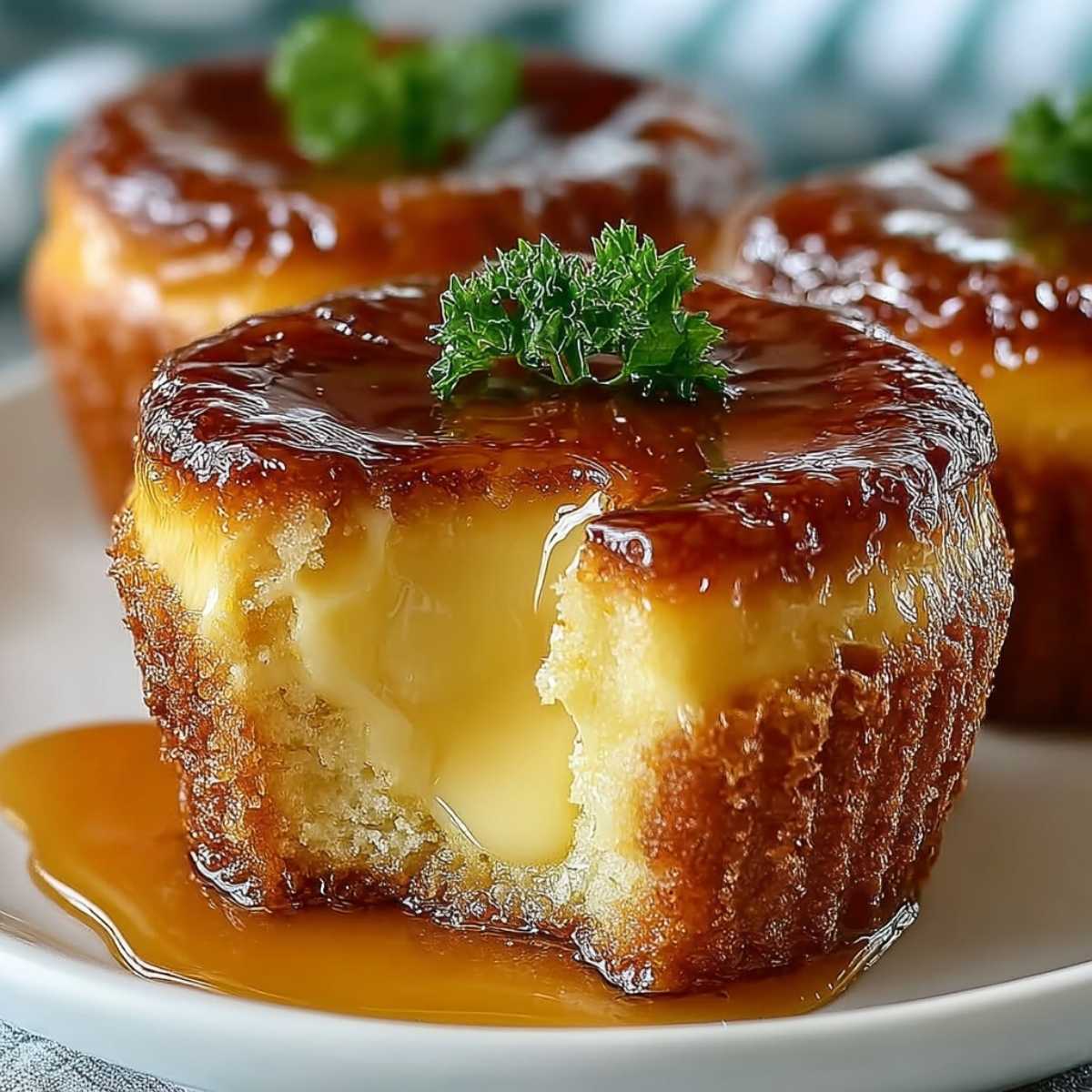 Velvety Caramel Flan Muffins on a white plate, showcasing a creamy custard center and glossy caramel topping with a bite taken out