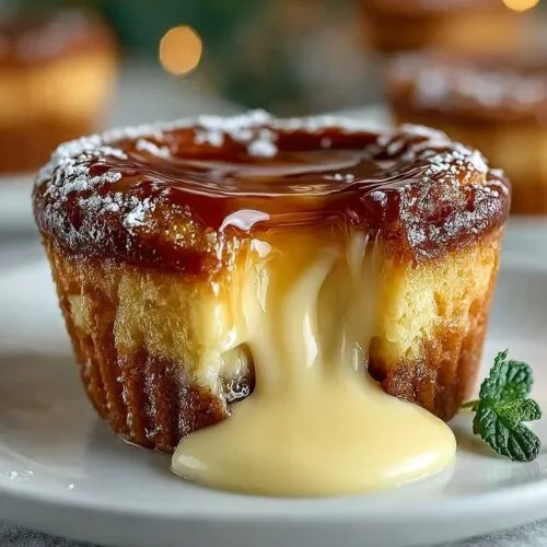 Close-up of a Velvety Caramel Flan Muffin showing its oozing custard filling and golden color, garnished with mint on a white plate