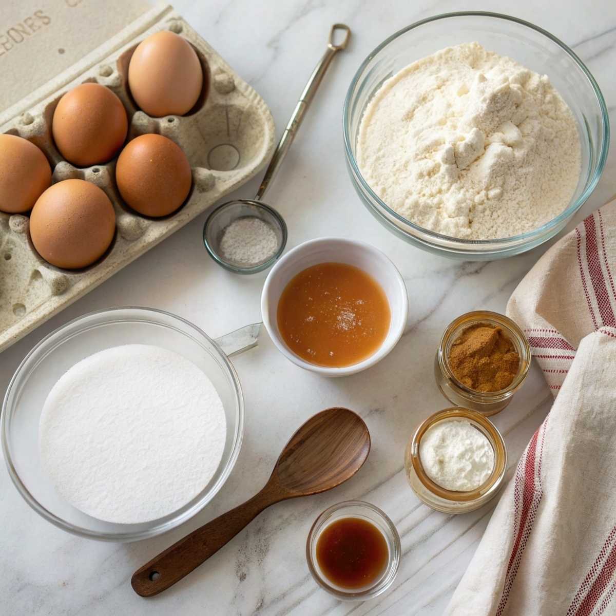 Fresh ingredients for Velvety Caramel Flan Muffins including eggs, flour, sweetened condensed milk, and sugar arranged on a modern marble surface