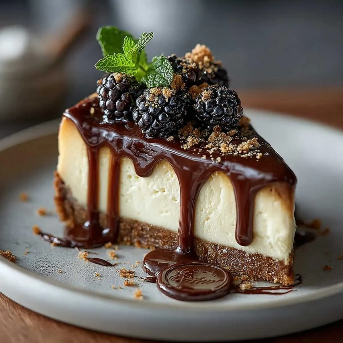 Close-up of a slice of Baileys Irish Cream Cheesecake with a smooth creamy filling and chocolate ganache, garnished with blackberries and mint