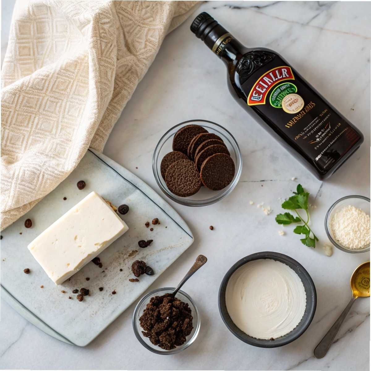 Ingredients for Baileys Irish Cream Cheesecake like cream cheese, Baileys, and Oreo cookies laid out on a marble surface.
