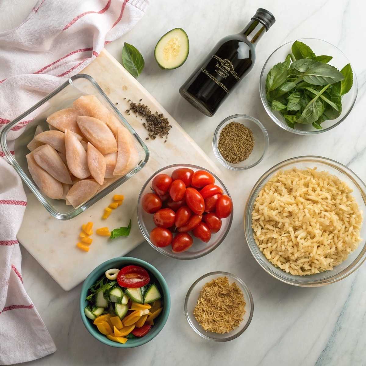 Fresh ingredients for Balsamic Chicken and Veggie Orzo including chicken, balsamic vinegar, orzo, and peppers on a marble surface