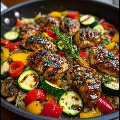Close-up of Balsamic Chicken and Veggie Orzo in a skillet showing glazed chicken, orzo, zucchini, and peppers garnished with rosemary