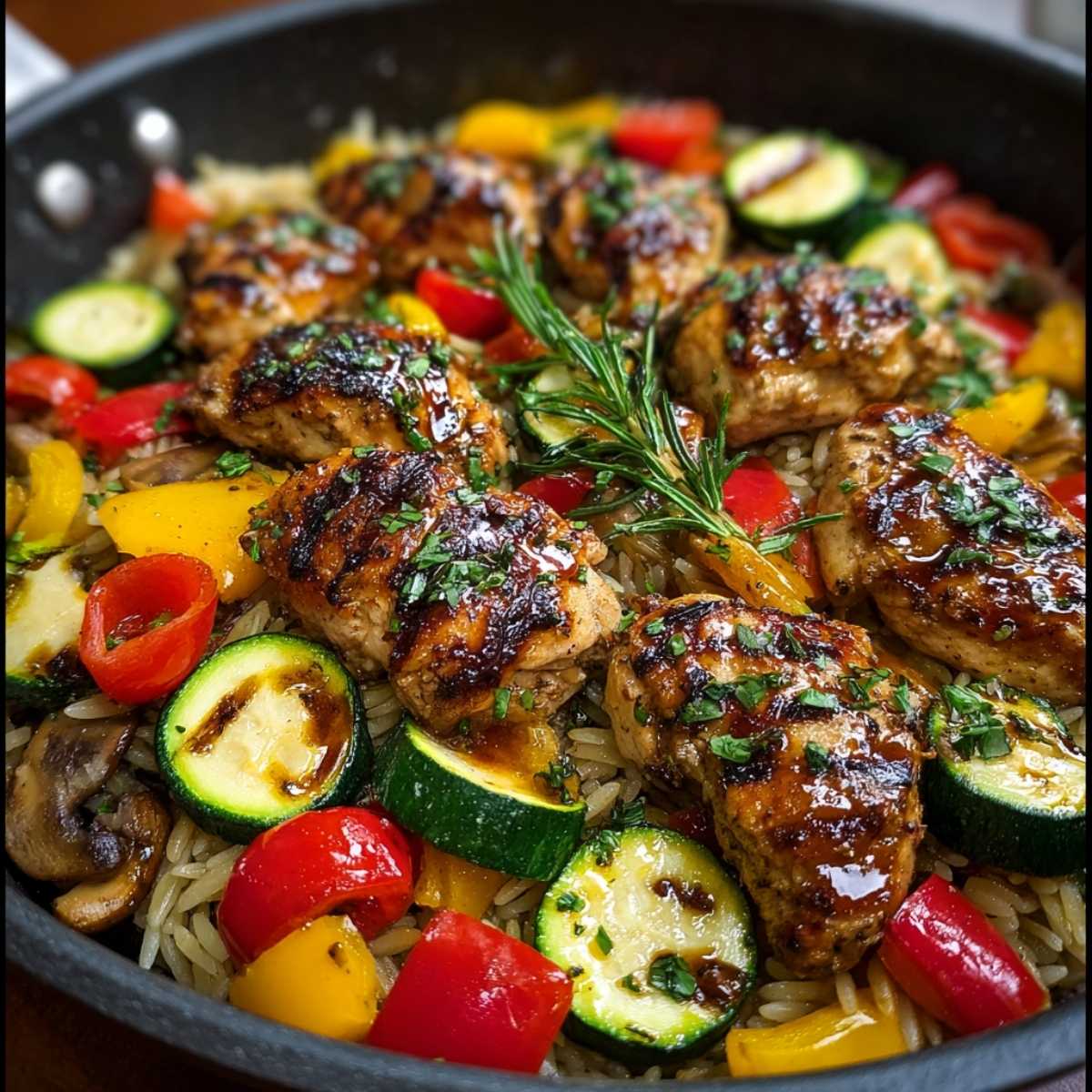 Close-up of Balsamic Chicken and Veggie Orzo in a skillet showing glazed chicken, orzo, zucchini, and peppers garnished with rosemary