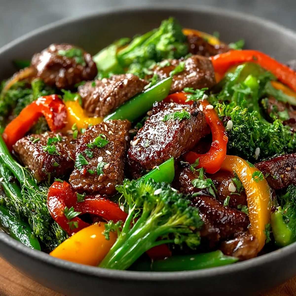 Close-up of Beef Stir Fry with Vegetables showing tender seared beef and crisp broccoli, garnished with sesame seeds in a dark bowl