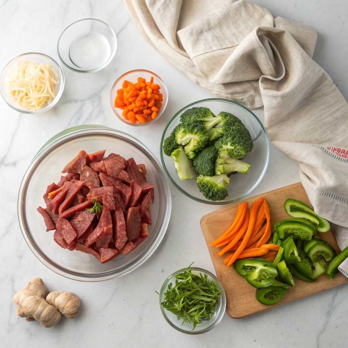 Ingredients for Beef Stir Fry with Vegetables including sliced steak, bell peppers, broccoli, and bok choy on a marble surface