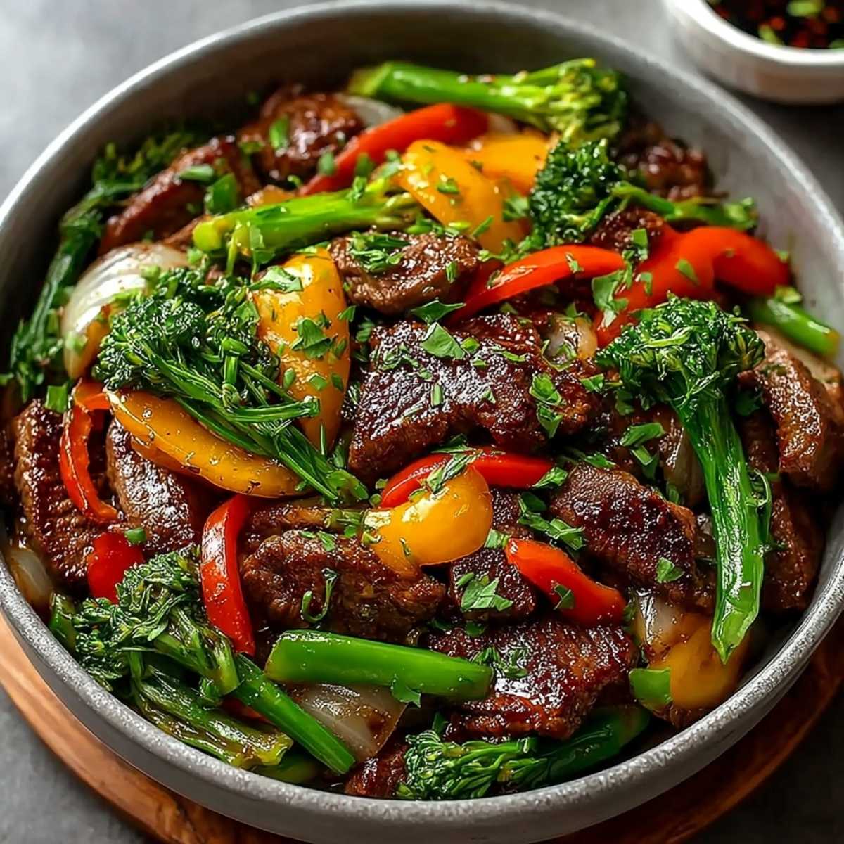 Beef Stir Fry with Vegetables on a modern gray bowl, showcasing its perfectly seared beef and crisp broccoli, peppers, and onions.