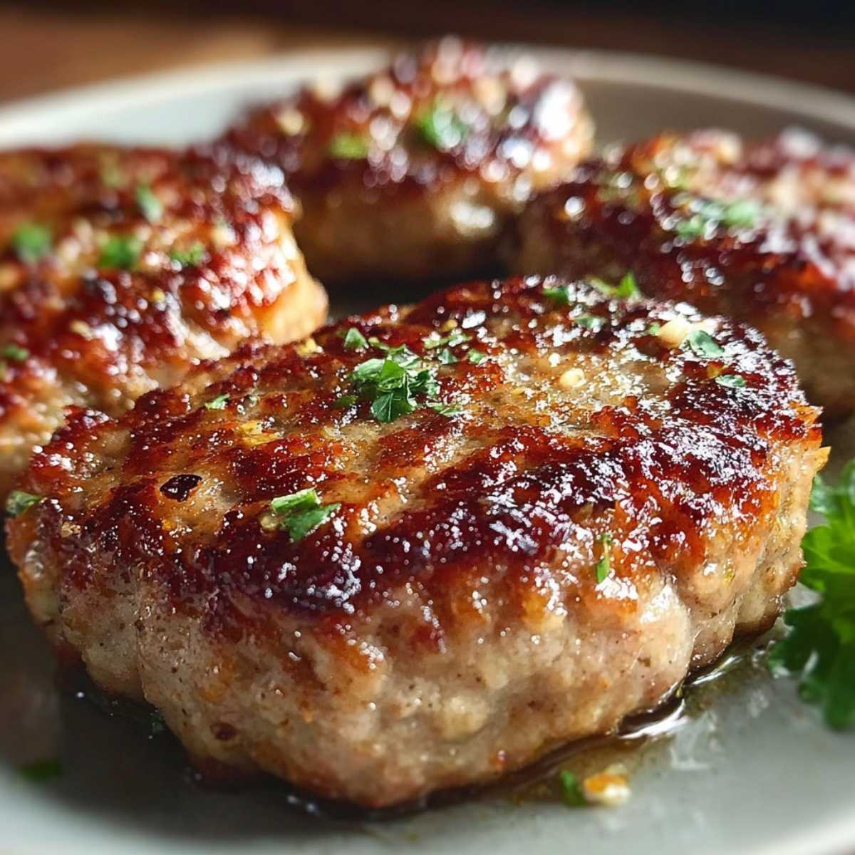 Close-up of juicy Breakfast Turkey Sausage showing a seared, golden-brown texture and glistening surface, garnished with fresh parsley on a grey plate
