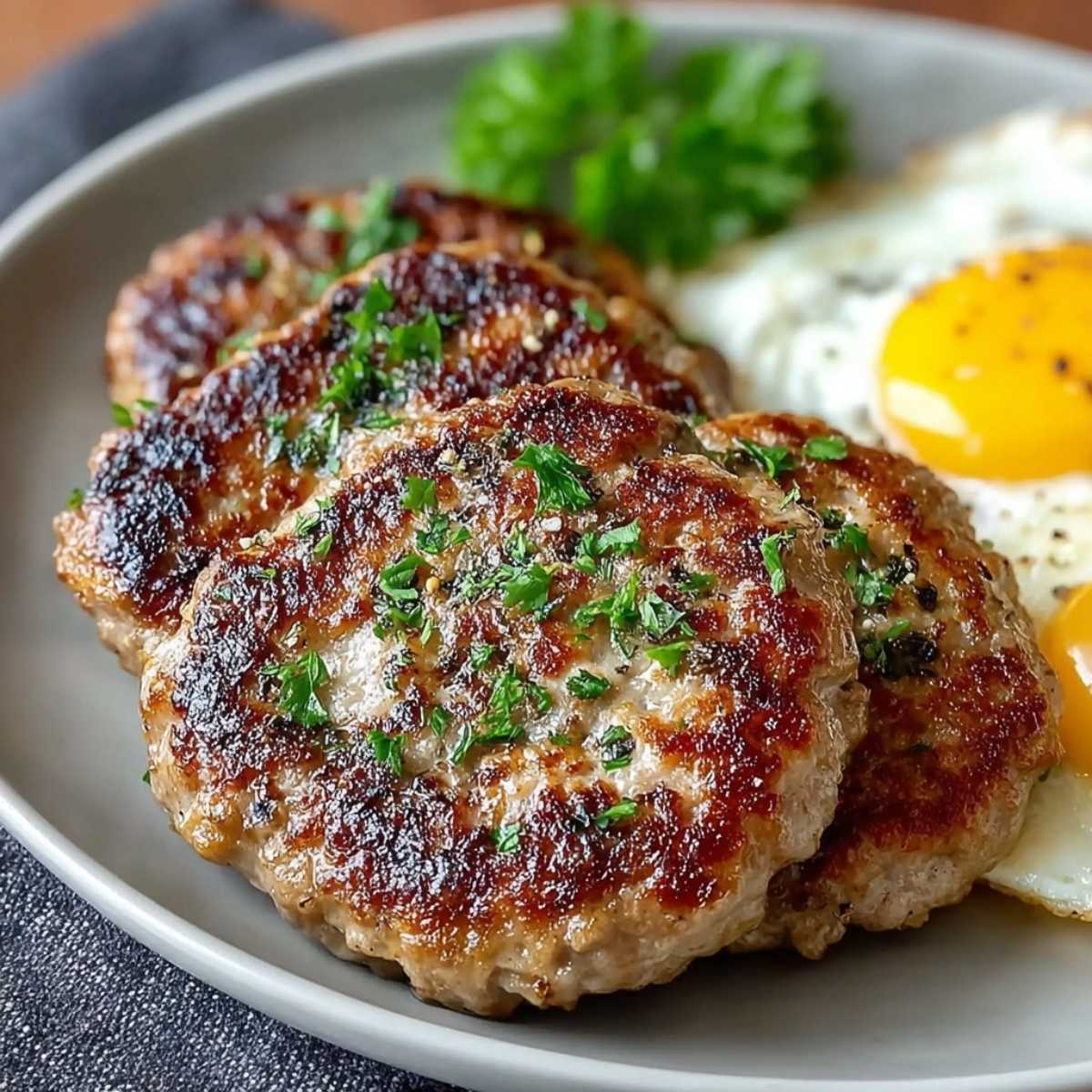 Homemade Breakfast Turkey Sausage patties on a plate, showcasing their golden-brown crust and visible herbs, served with perfectly cooked fried eggs