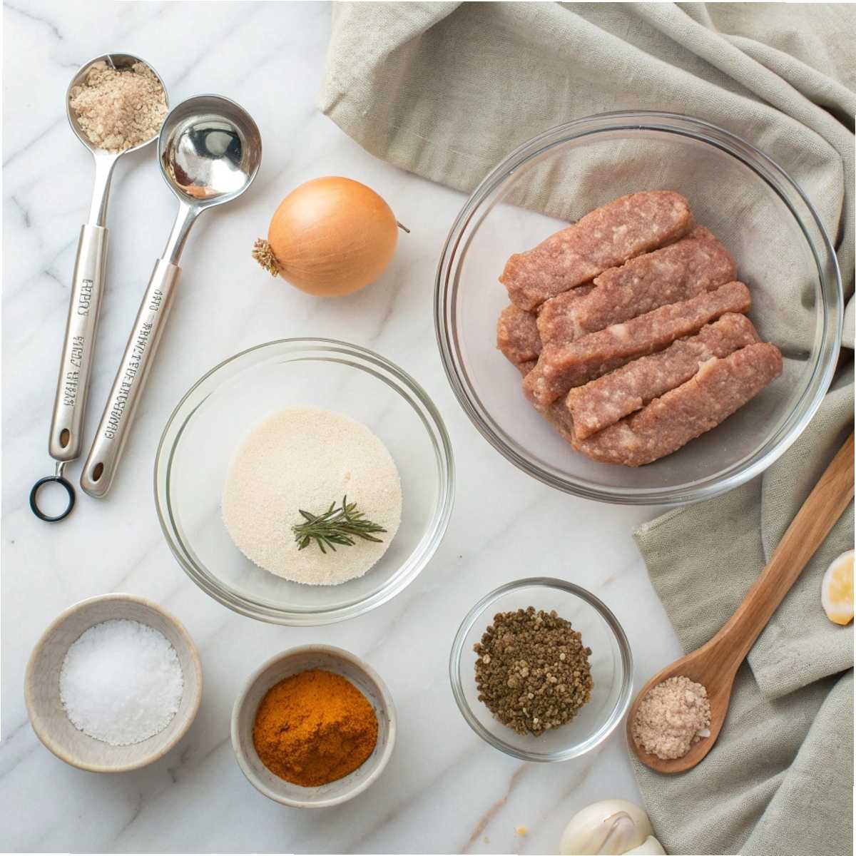 Fresh ingredients for Homemade Breakfast Turkey Sausage including ground turkey, dried sage, brown sugar, and fennel seeds arranged on a modern marble surface