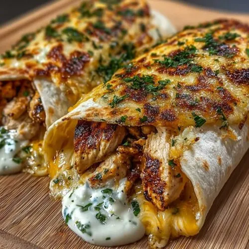 Close-up of Cheesy Garlic Chicken Wraps showing crispy golden-brown cheese on top and tender chicken, served with creamy garlic sauce