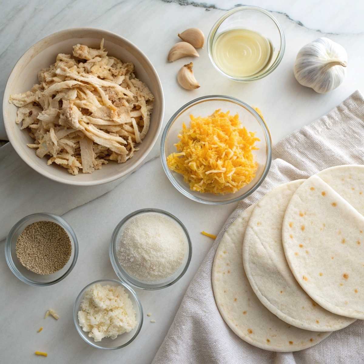 Fresh ingredients for Cheesy Garlic Chicken Wraps including shredded chicken, flour tortillas, shredded cheese, and garlic arranged on a modern marble surface.