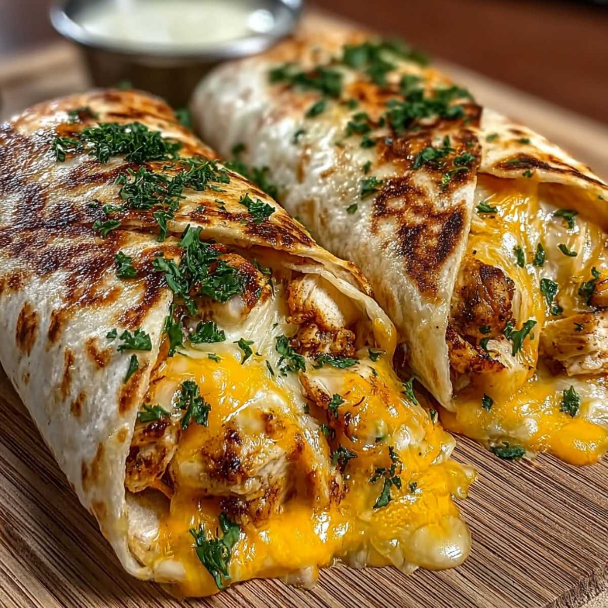Cheesy Garlic Chicken Wraps on a wooden cutting board, showcasing its crispy golden tortilla and gooey melted cheese with seasoned chicken.