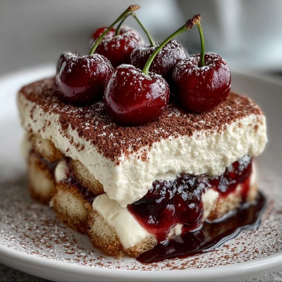 Close-up of Cherry Amaretto Tiramisu showing creamy layers and rich cherry filling, garnished with fresh cherries on a white plate