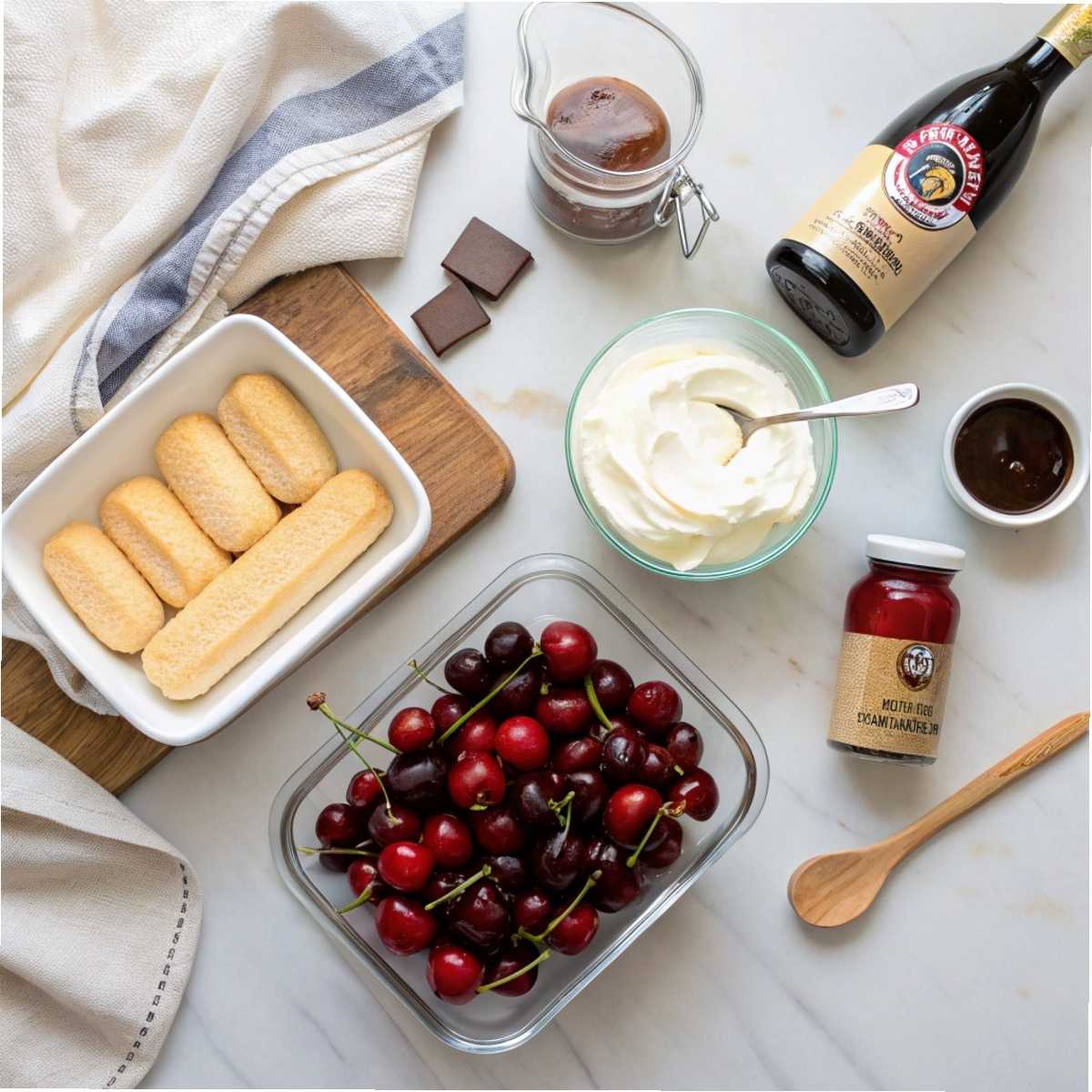 A woman's hands prepping the ingredients for Cherry Amaretto Tiramisu on a bright, white countertop, with cherries and mascarpone visible
