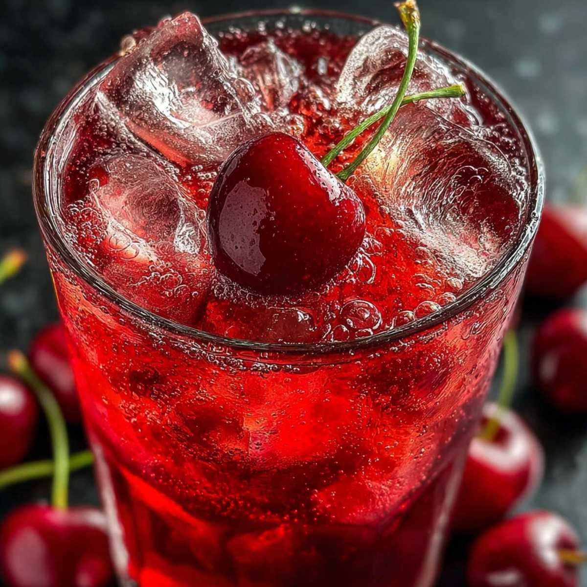 Close-up of Cherry Iced Tea showing its deep red color, fizzy bubbles, and clear ice cubes, garnished with a single fresh cherry on top