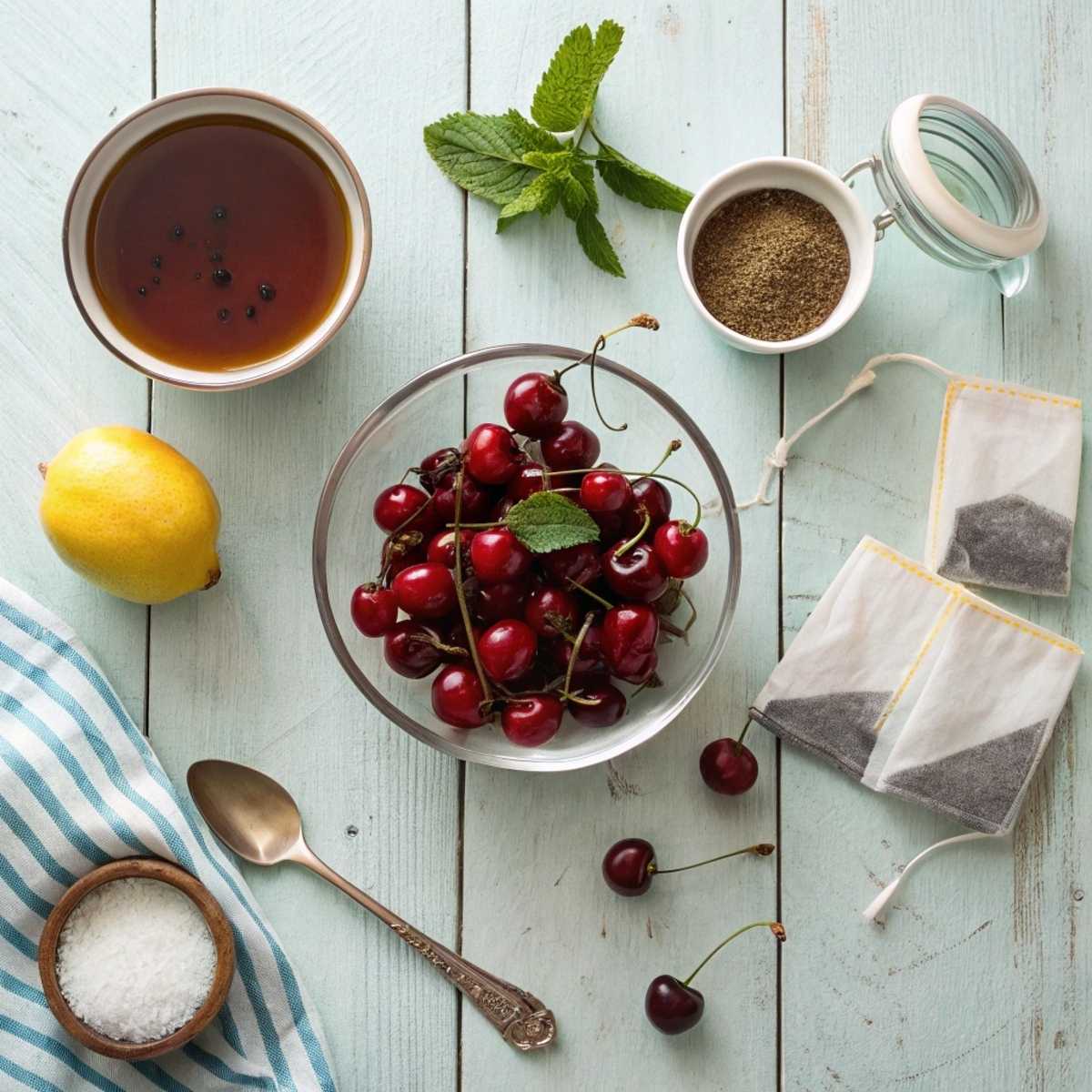 Fresh ingredients for Cherry Iced Tea including fresh cherries, black tea bags, sugar, and a lemon arranged on a weathered wood surface.