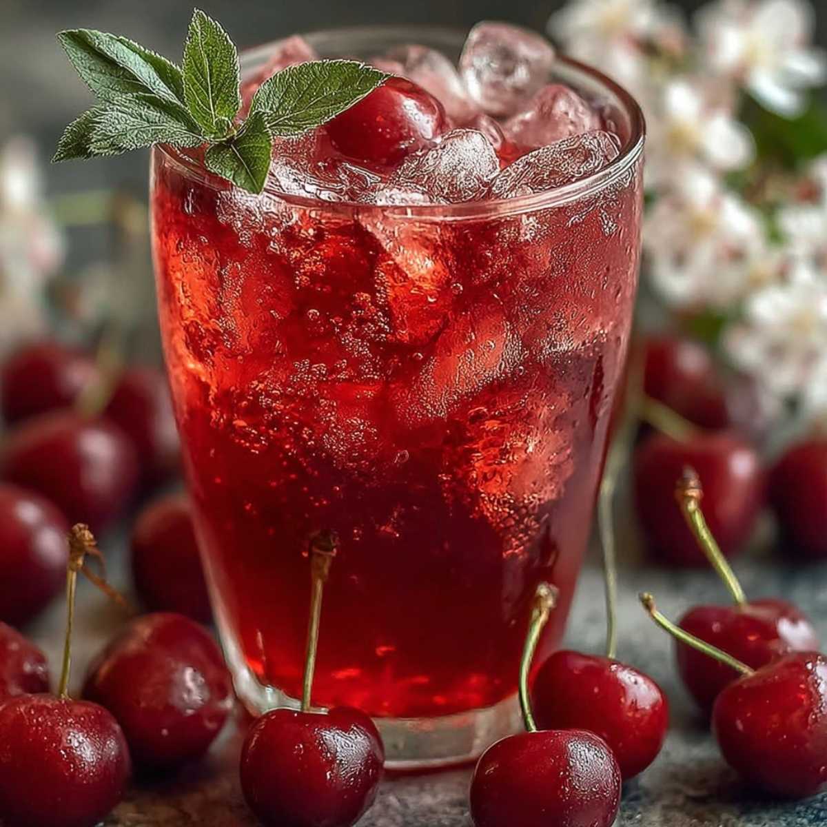 A glass of vibrant red Cherry Iced Tea filled with ice on a dark surface, surrounded by fresh cherries and garnished with a sprig of mint