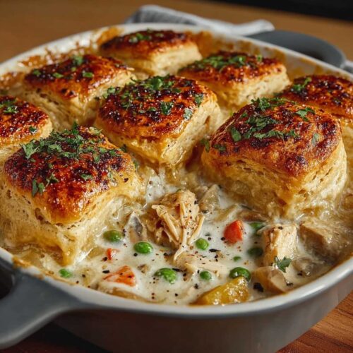 Close-up of Chicken Pot Pie Casserole showing its creamy filling and golden brown biscuits, garnished with parsley in a white dish