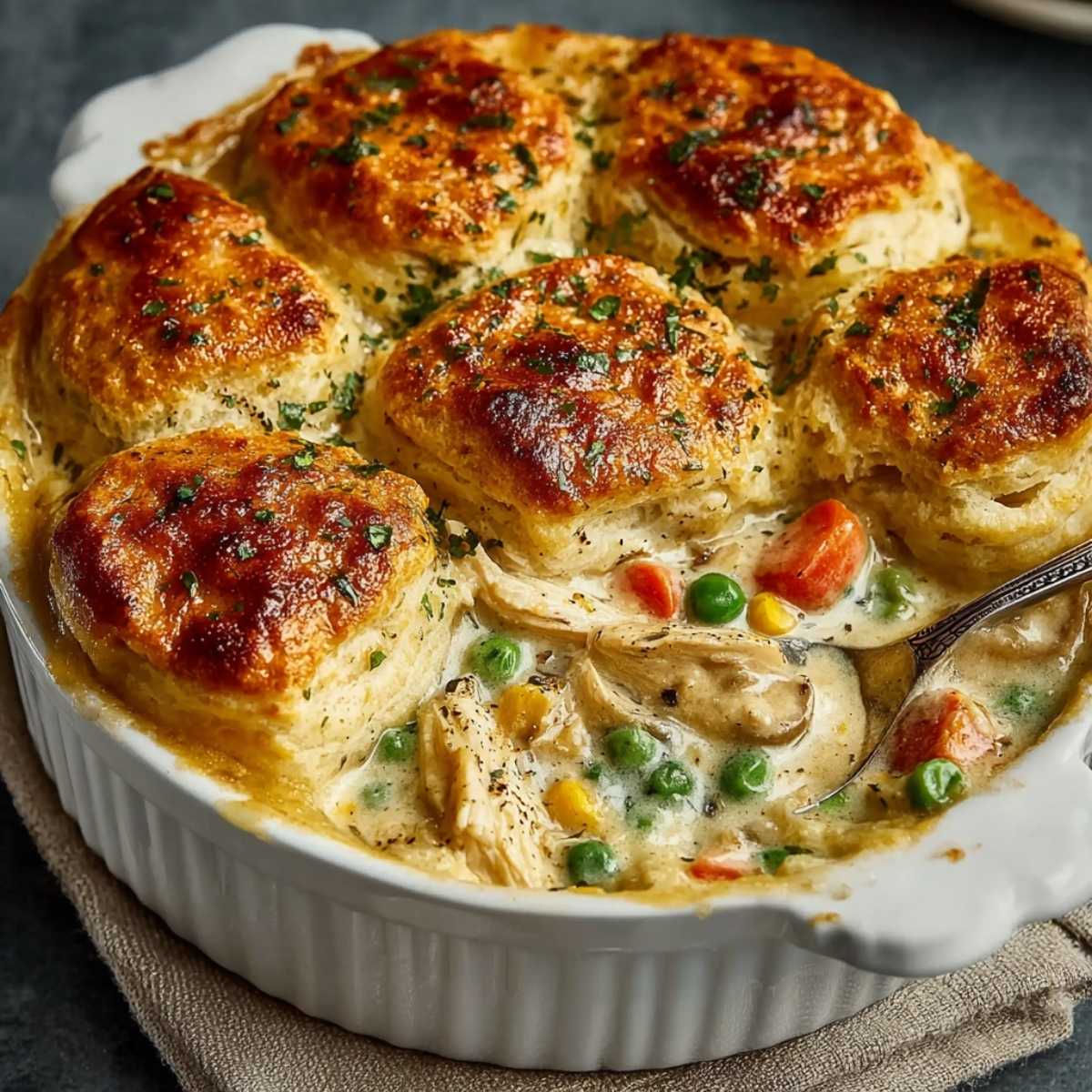 Chicken Pot Pie Casserole on a modern countertop, showcasing its golden brown biscuit topping and creamy chicken and vegetable filling