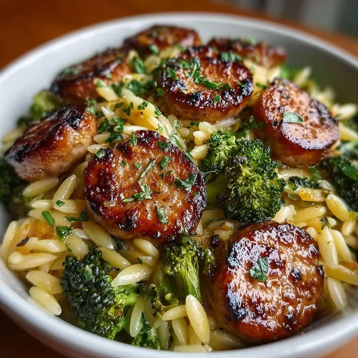 Close-up of Chicken Sausage and Broccoli Orzo showing creamy orzo pasta and browned sausage, garnished with fresh parsley in a white bowl.