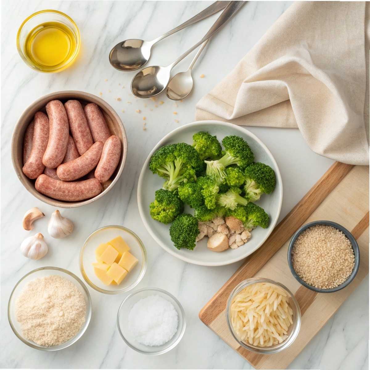 Fresh ingredients for Chicken Sausage and Broccoli Orzo including chicken sausage, broccoli, orzo, and Parmesan arranged on a modern marble surface