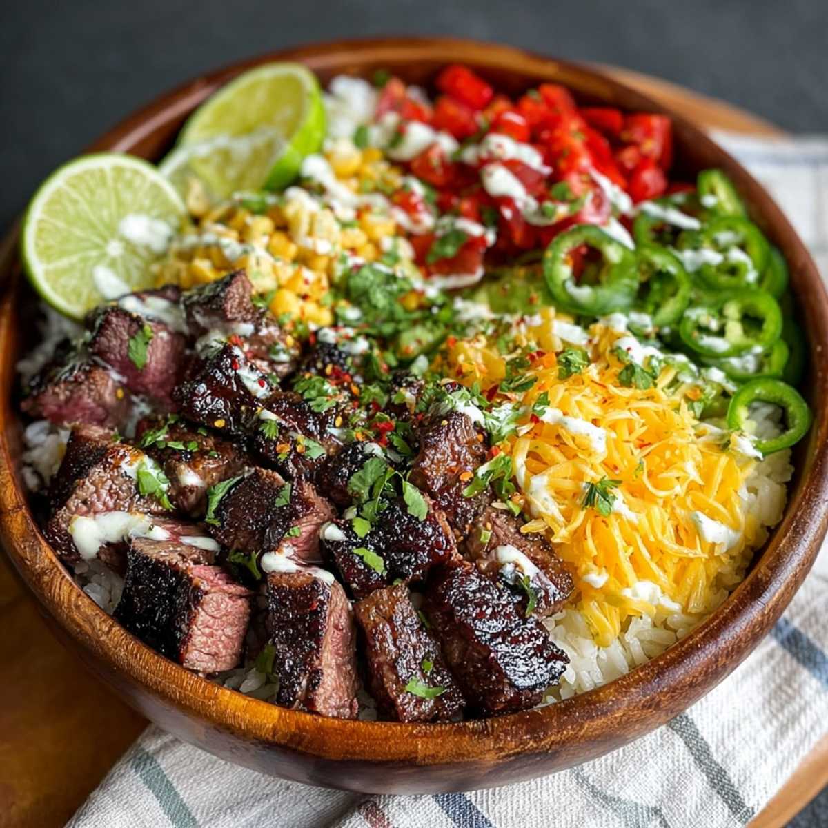 Close-up of Cilantro Lime Steak Bowl showing juicy steak pieces, white rice, colorful toppings, and a drizzle of crema, garnished with lime.