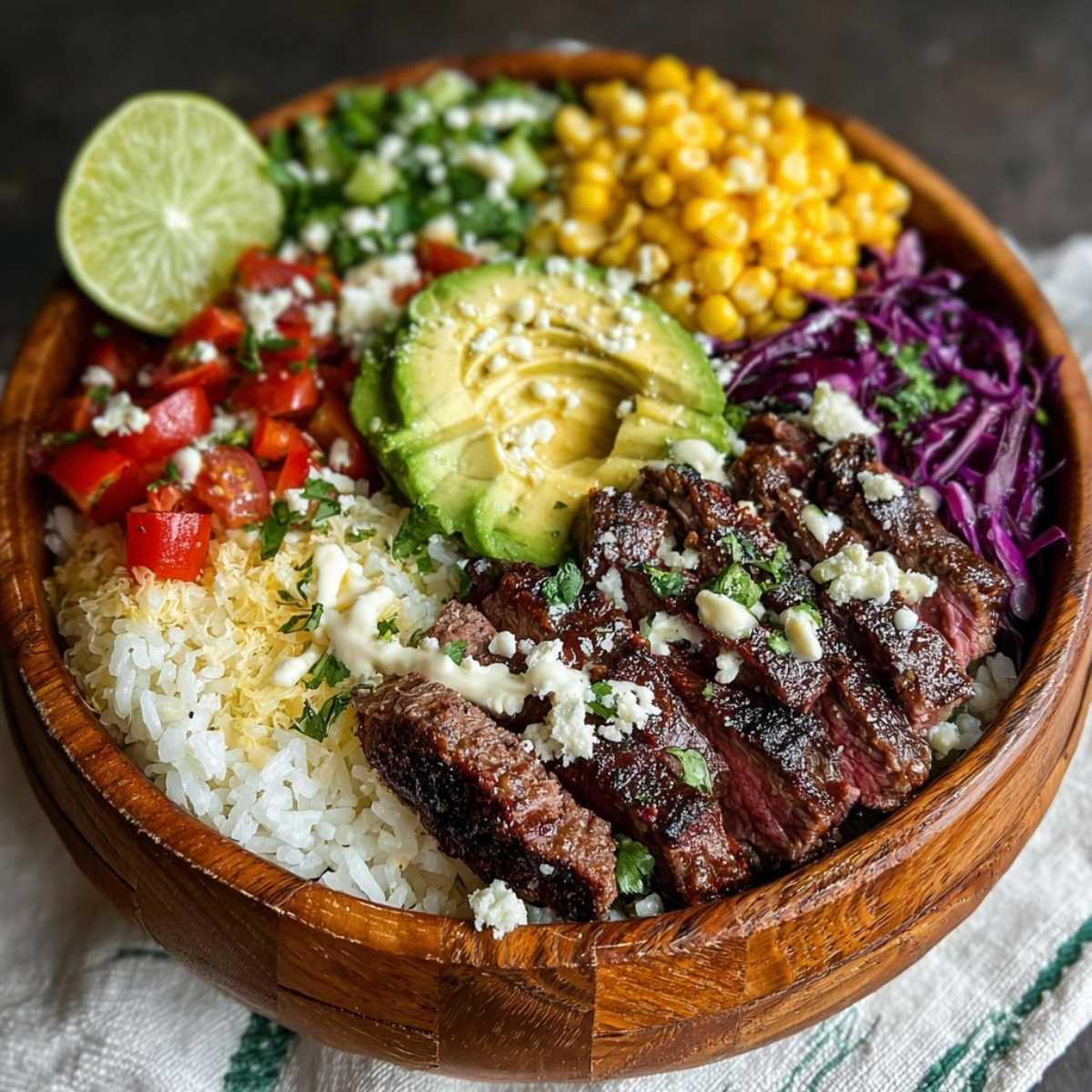 Cilantro Lime Steak Bowl in a wooden bowl, showcasing its tender sliced steak and cilantro lime rice with fresh corn, avocado, and tomatoes