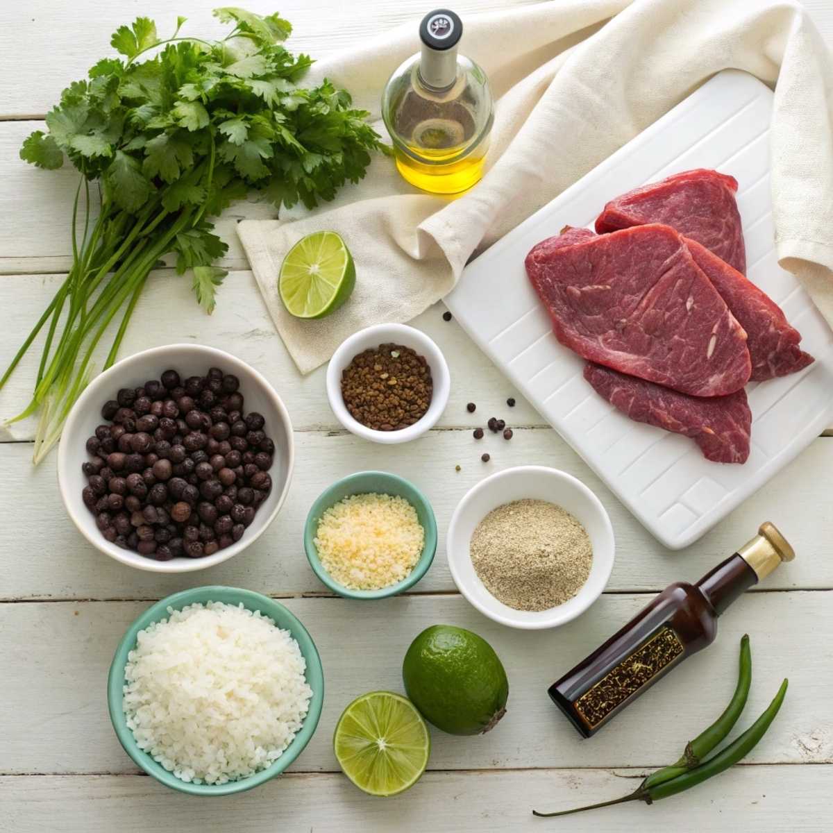 Fresh ingredients for Cilantro Lime Steak Bowls including flank steak, cilantro, limes, and black beans arranged on a modern marble surface.