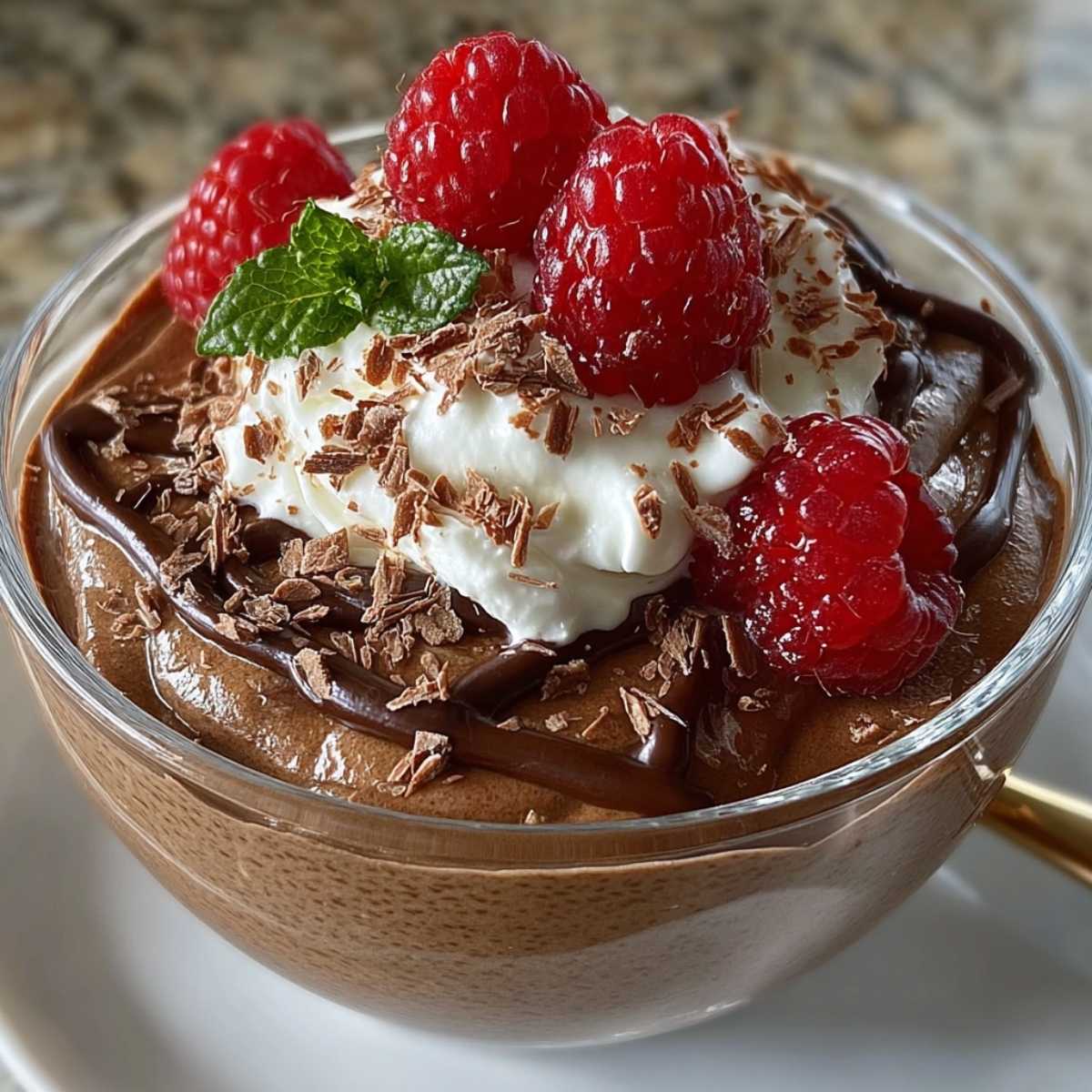 A glass bowl of Cottage Cheese Chocolate Mousse topped with fresh raspberries, whipped cream, mint, and chocolate shavings on a kitchen counter
