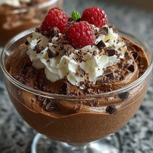 Close-up of Cottage Cheese Chocolate Mousse in a glass dish, showing its thick texture and raspberry and chocolate chunk garnish