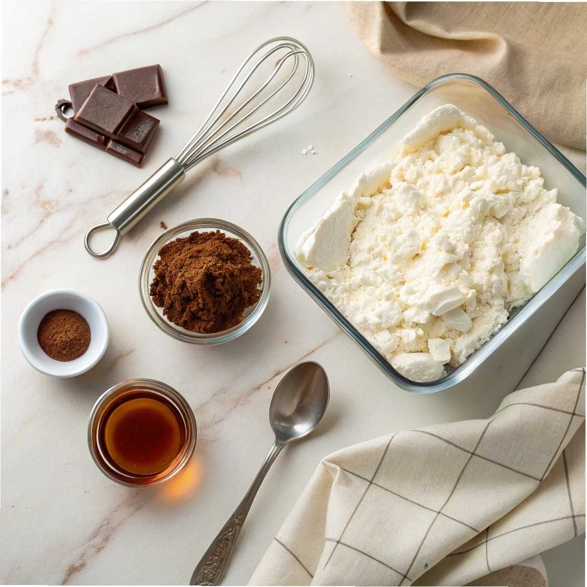 Fresh ingredients for Cottage Cheese Chocolate Mousse including cottage cheese, unsweetened cocoa powder, and maple syrup arranged on a modern marble surface
