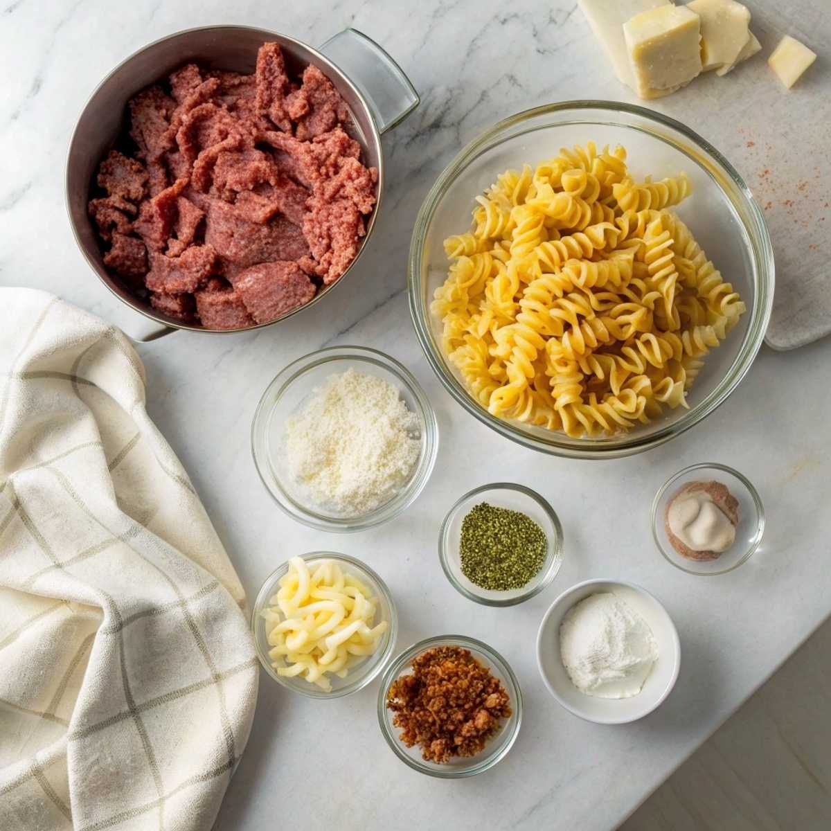 Fresh ingredients for Creamy Beef Pasta including ground beef, short pasta, heavy cream, and cheeses arranged on a modern marble surface
