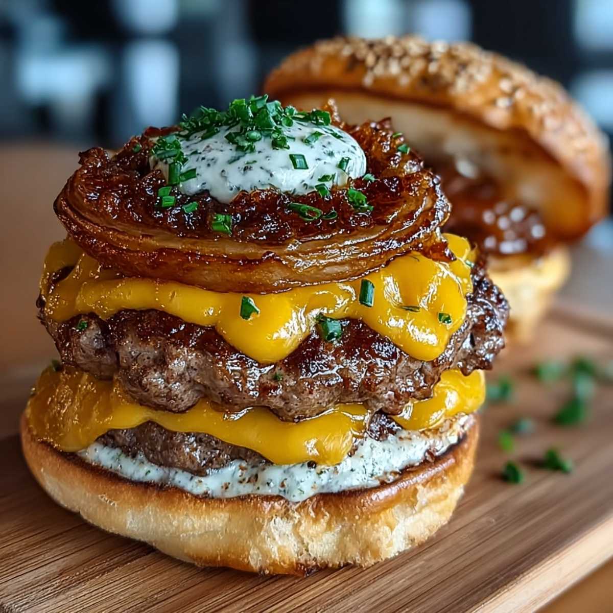 Close-up of a double-patty burger showing melted cheese and caramelized onions, stacked with an herb sauce on a toasted bun