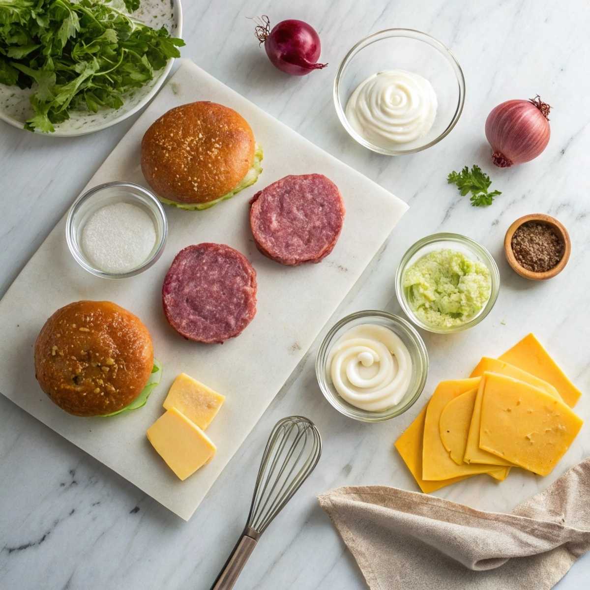 Fresh ingredients for Dutchman Burger including ground beef, yellow onions, and American cheese on a modern marble surface