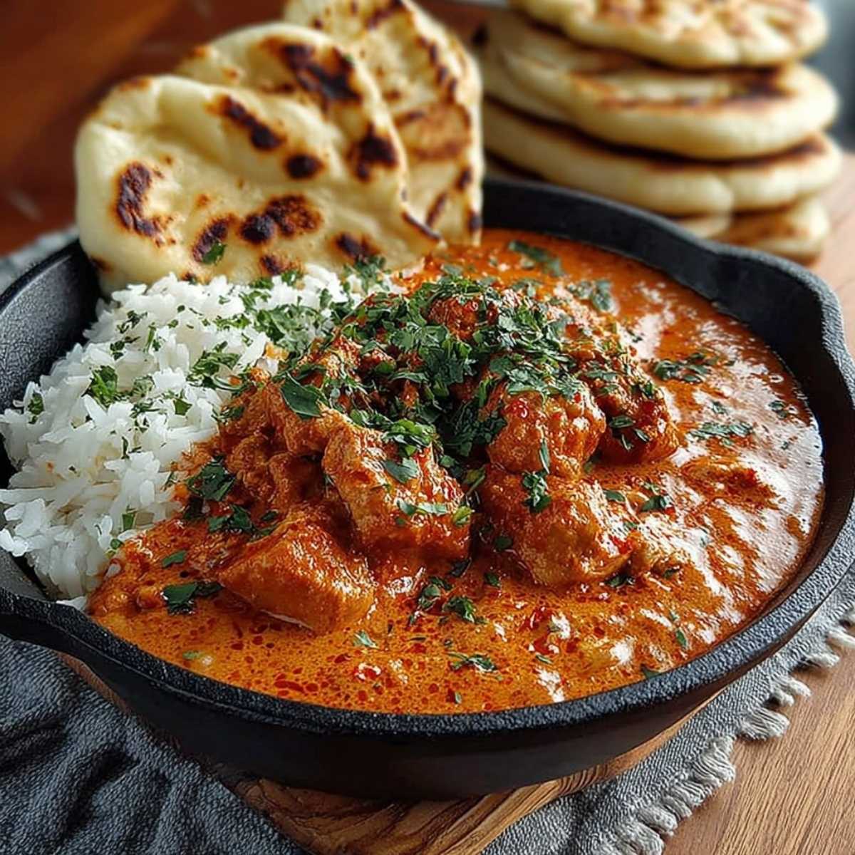 Easy Butter Chicken Recipe in a black skillet on a wooden board, showcasing its creamy orange-red sauce with basmati rice and naan.
