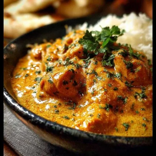 Close-up of Easy Butter Chicken Recipe showing tender chicken in a creamy orange sauce and garnished with fresh cilantro in a dark bowl.