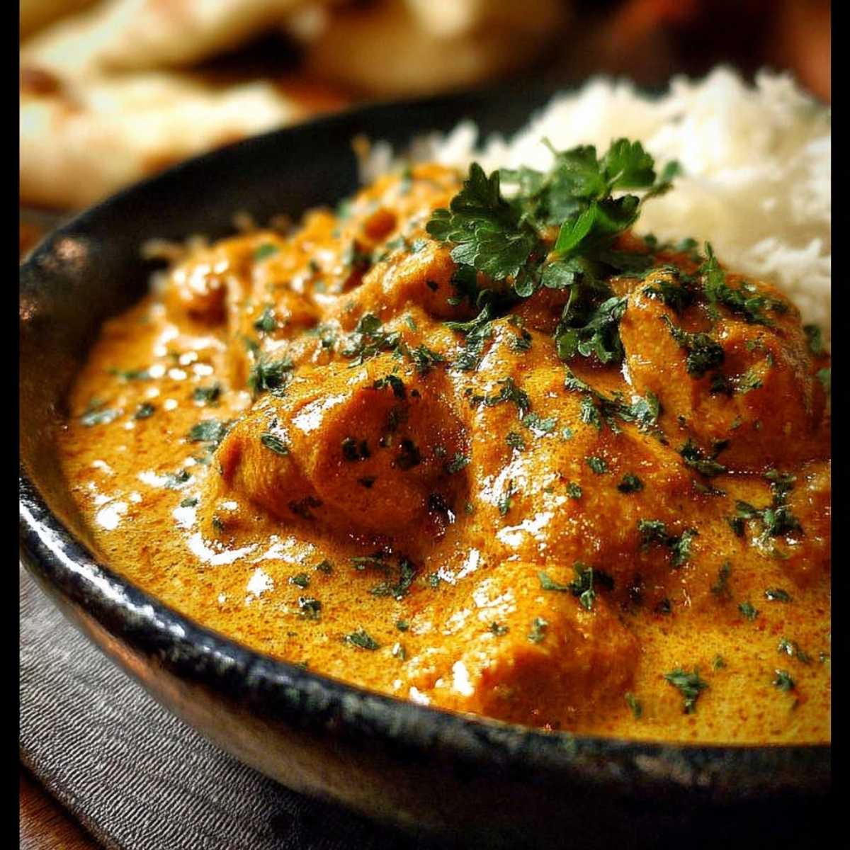 Close-up of Easy Butter Chicken Recipe showing tender chicken in a creamy orange sauce and garnished with fresh cilantro in a dark bowl.