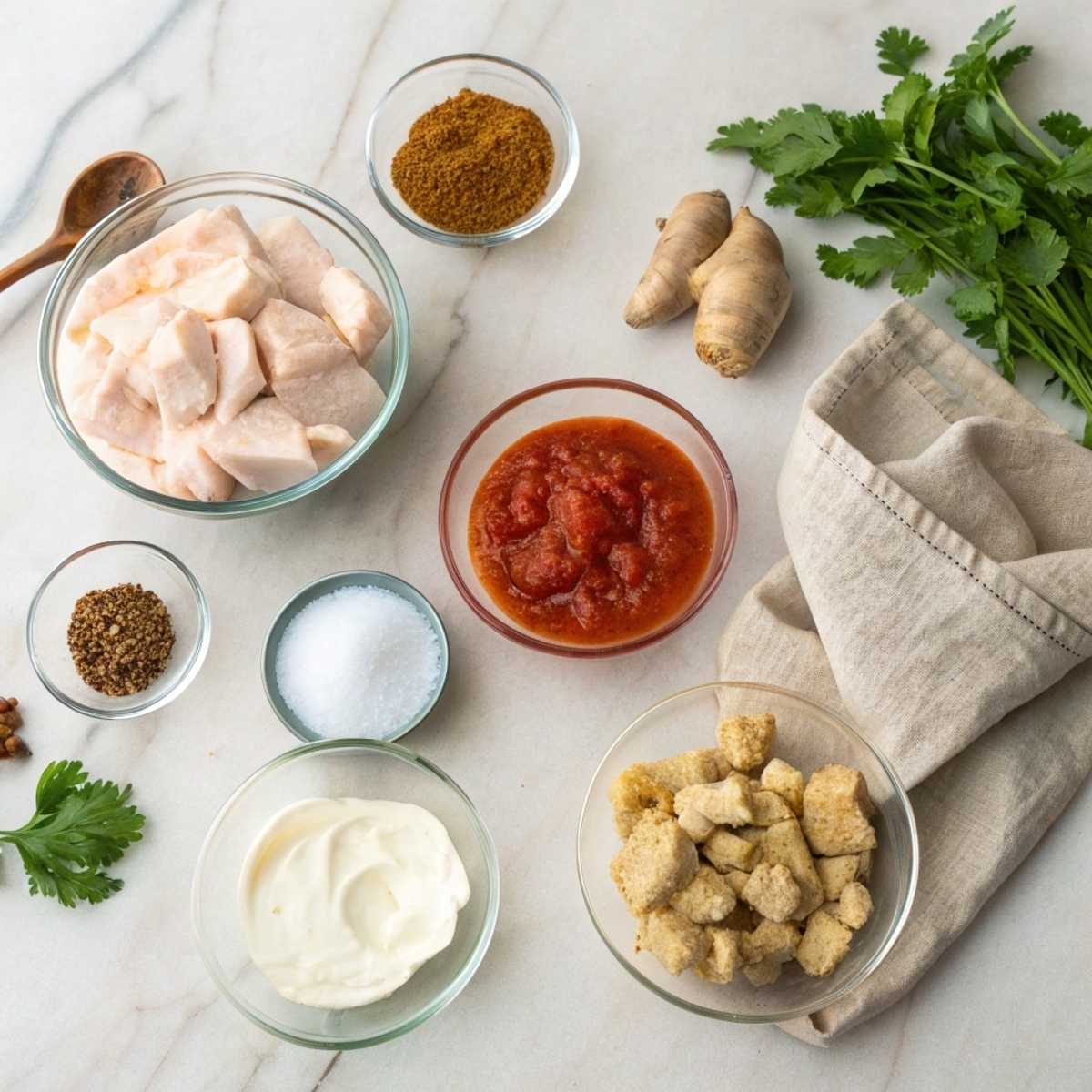 Fresh ingredients for Easy Butter Chicken Recipe including boneless chicken thighs, yogurt, tomato passata, and spices arranged on a modern marble surface