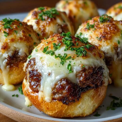 Close-up of Garlic Parmesan Cheeseburger Bombs showing the savory beef filling and melted cheese, garnished with fresh parsley on a ceramic plate
