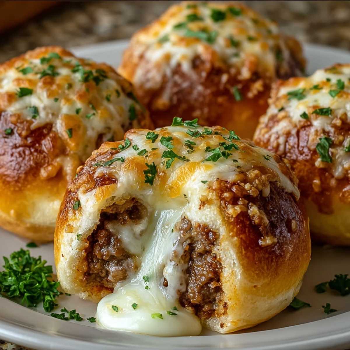 Garlic Parmesan Cheeseburger Bombs on a plate, showcasing a gooey cheese pull from the savory ground beef filling inside a golden bun