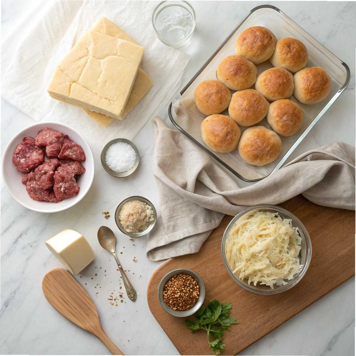 Fresh ingredients for Garlic Parmesan Cheeseburger Bombs including ground beef, refrigerated biscuit dough, and shredded cheeses arranged on a modern marble surface