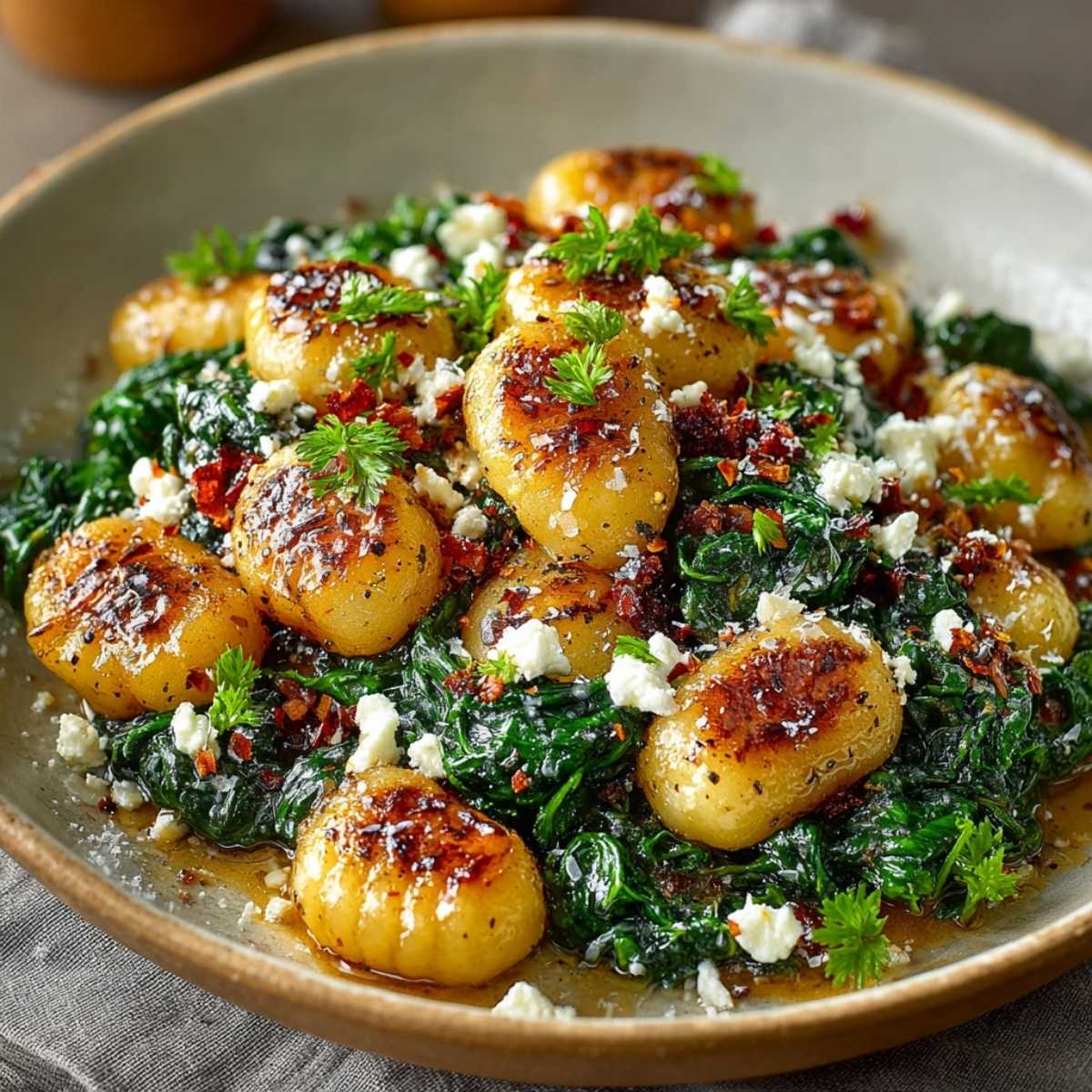 Close-up of Gnocchi With Spinach And Feta showing crispy golden gnocchi and wilted spinach, garnished with feta cheese in a bowl