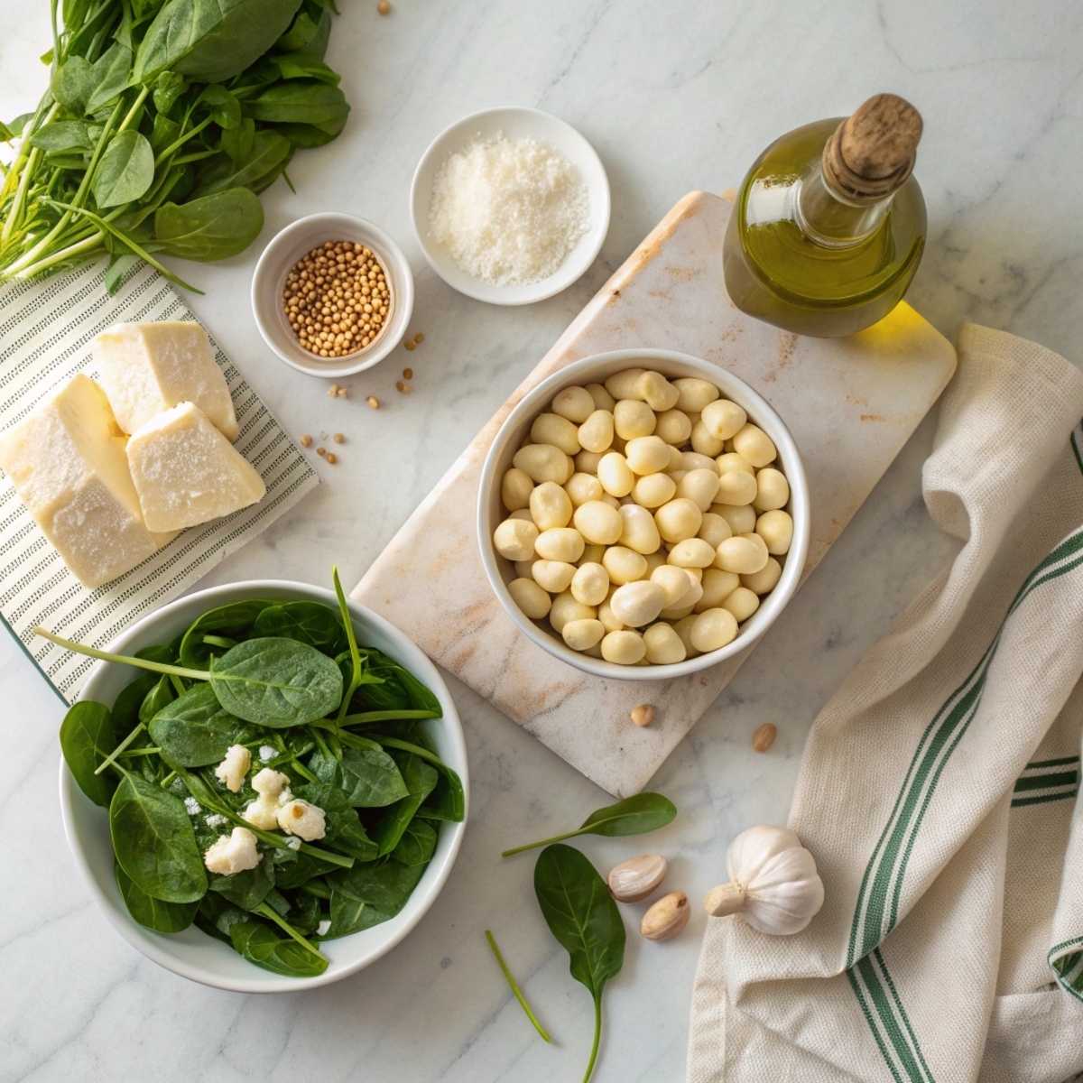 Fresh ingredients for Gnocchi With Spinach And Feta including potato gnocchi, baby spinach, feta cheese, and pine nuts on a marble surface