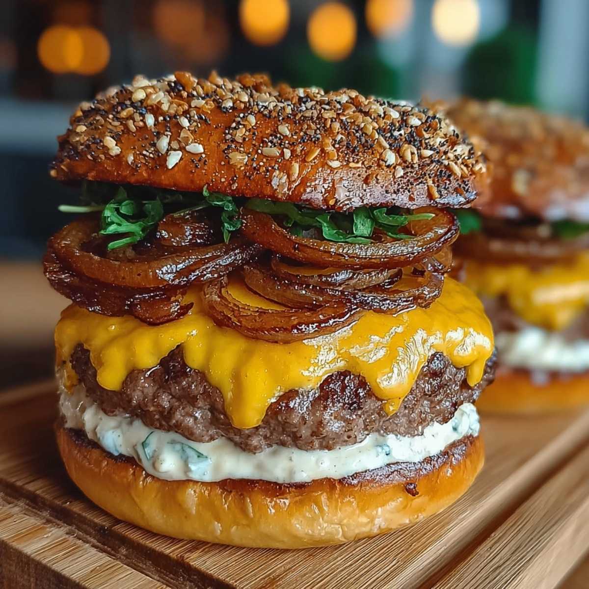 Gourmet cheeseburger on a wooden cutting board, showcasing a juicy patty, melted cheese, and caramelized onions on a seeded bun