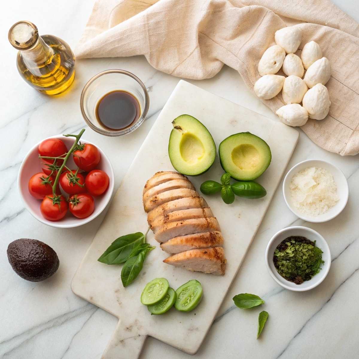 Fresh ingredients for Grilled California Avocado Chicken including boneless chicken breasts, avocados, tomatoes, and fresh mozzarella arranged on a modern marble surface